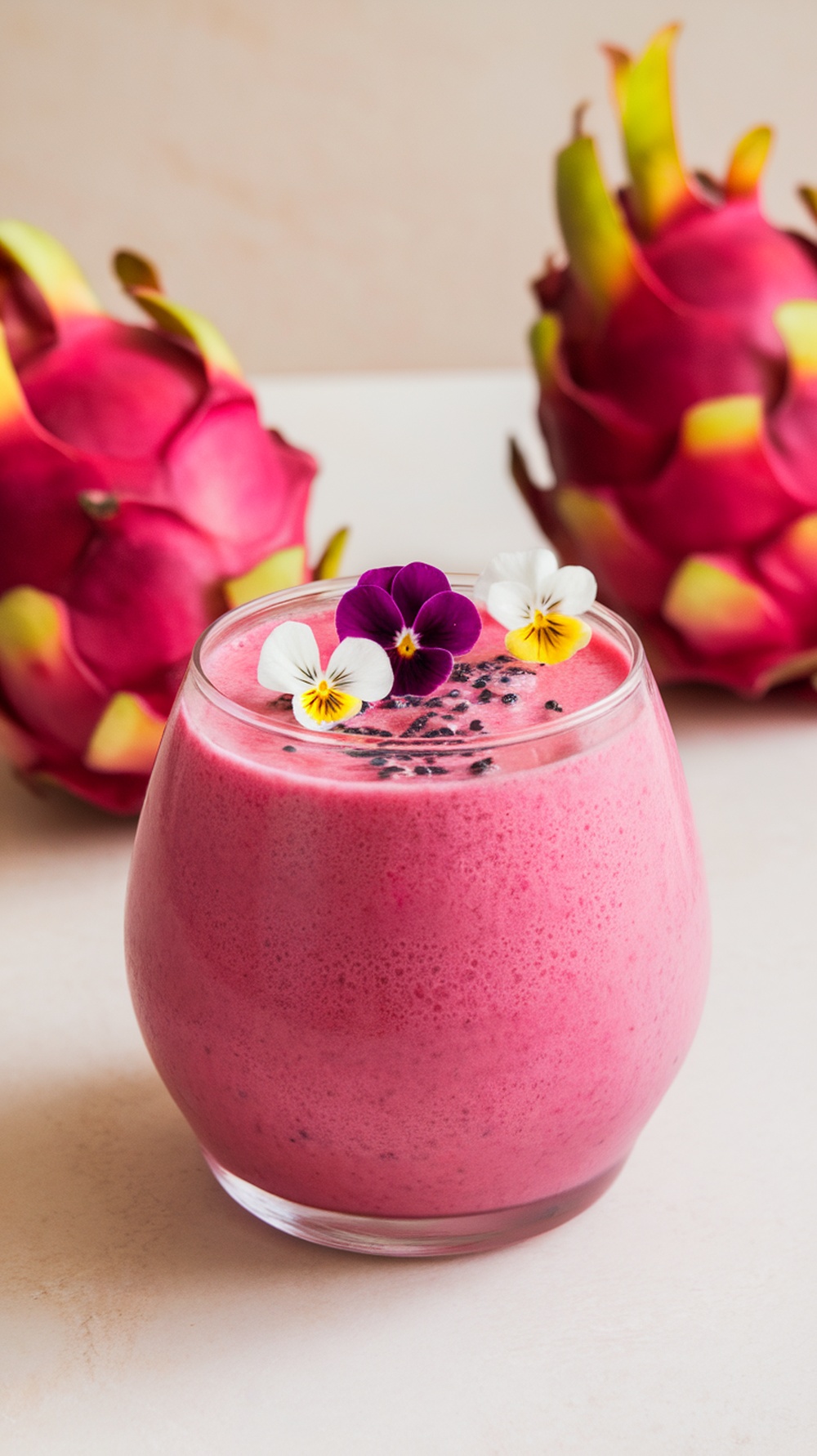 A vibrant dragon fruit smoothie garnished with edible flowers, with whole dragon fruits in the background.