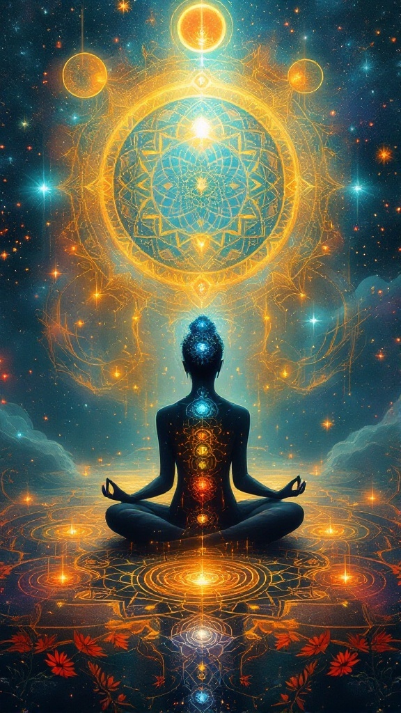 A meditative figure surrounded by vibrant colors and celestial patterns, symbolizing spiritual connection and energy.