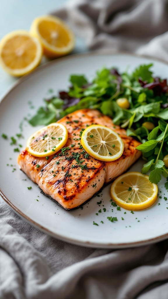 A plate of grilled salmon with lemon slices and a side salad.