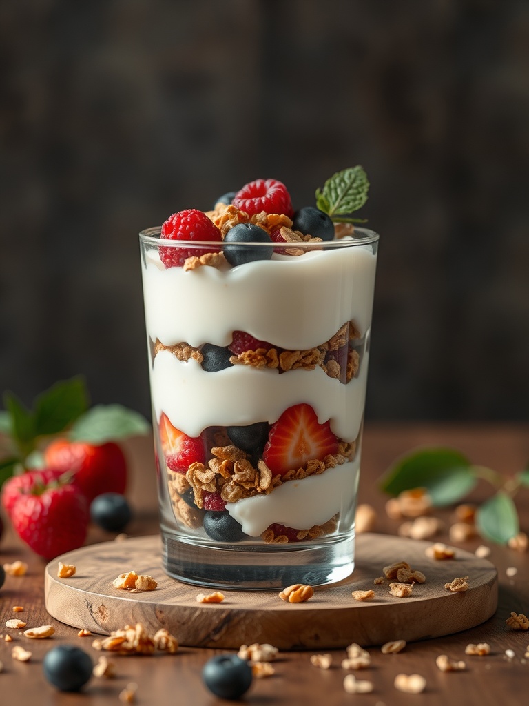 A glass of fresh fruit and yogurt parfait with layers of yogurt, granola, and mixed berries.