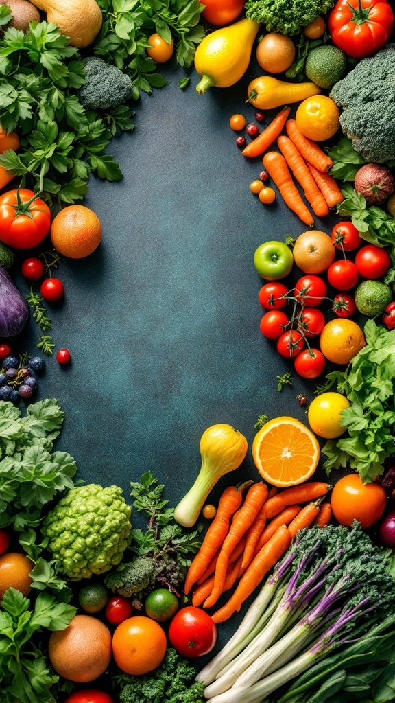 A colorful display of fresh fruits and vegetables including tomatoes, oranges, carrots, broccoli, and leafy greens.