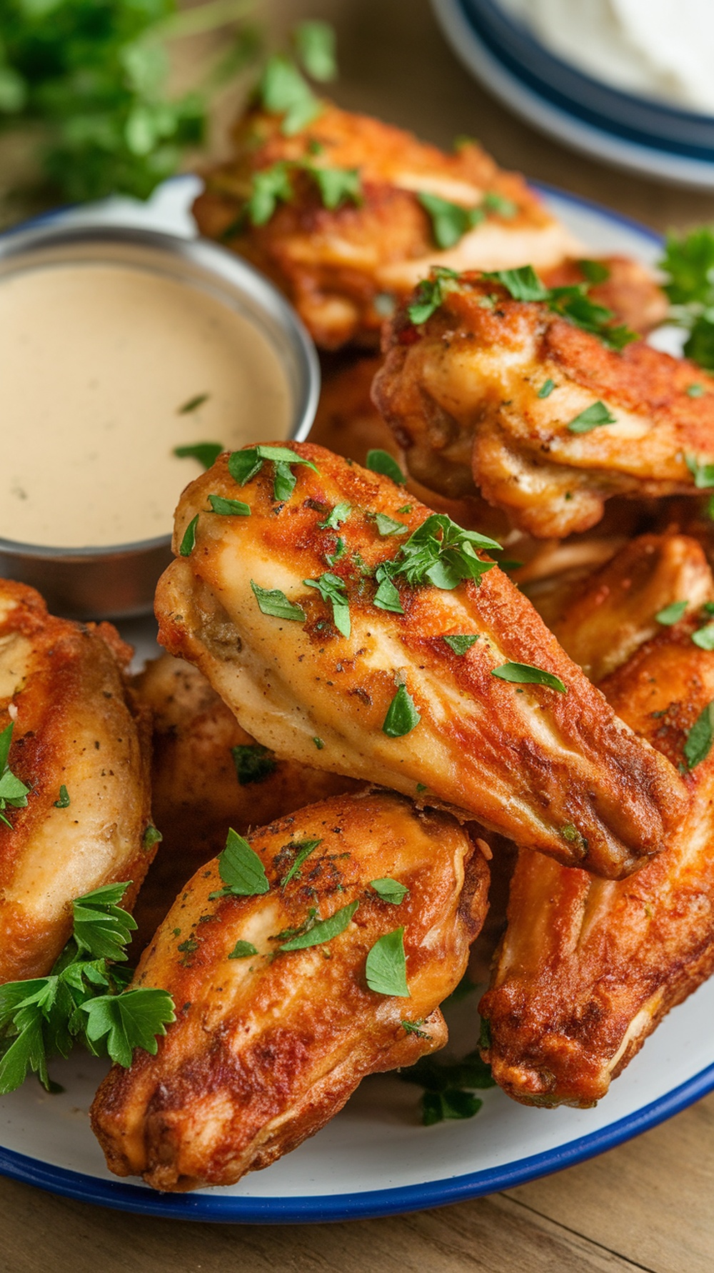 A plate of crispy garlic Parmesan chicken wings garnished with parsley and served with a dipping sauce.