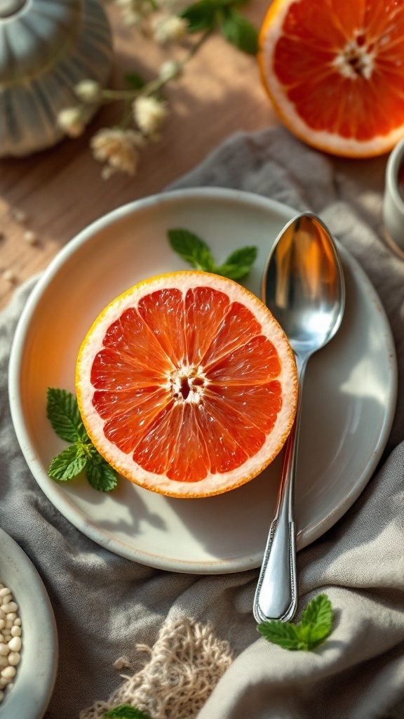 A beautifully sliced grapefruit on a plate with mint leaves, showcasing its vibrant color.