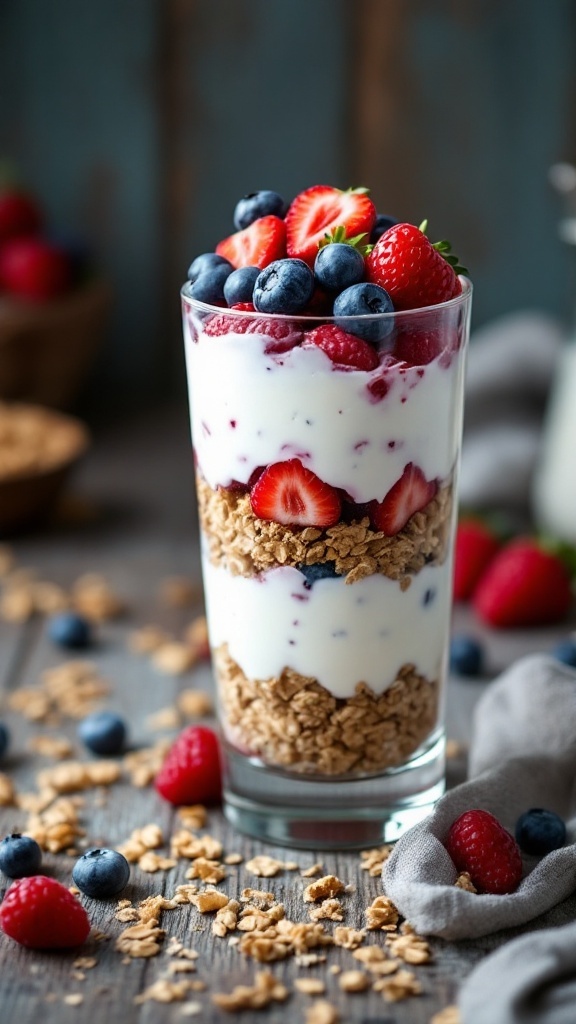 A layered Greek yogurt parfait with berries and granola.