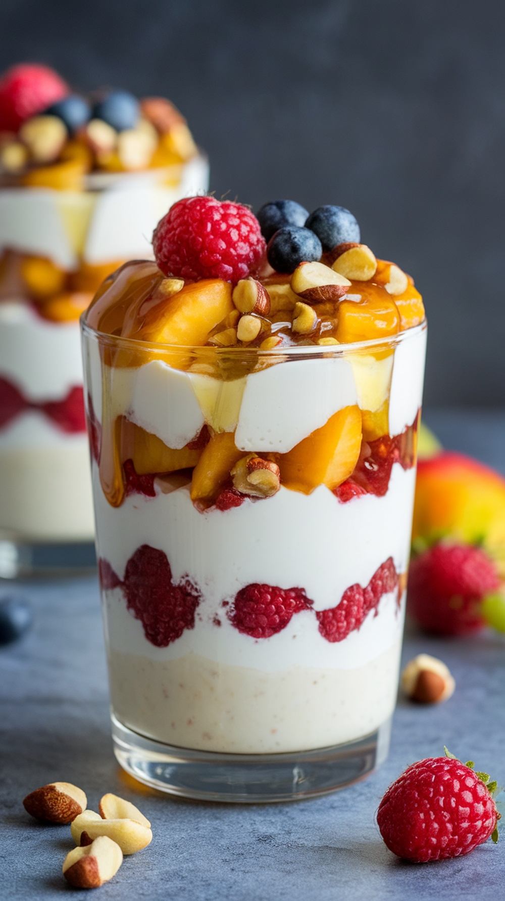 A delicious Greek yogurt parfait layered with fruits, honey, and nuts.