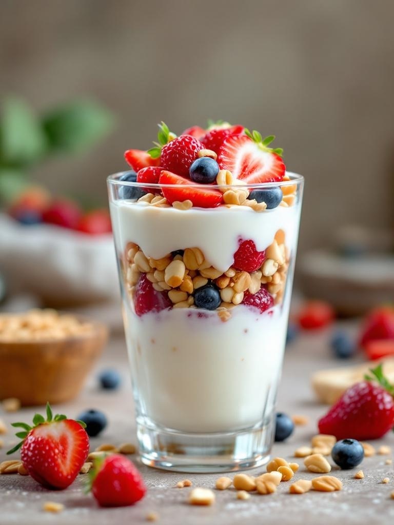 A delicious Greek yogurt parfait with layers of yogurt, berries, and nuts.