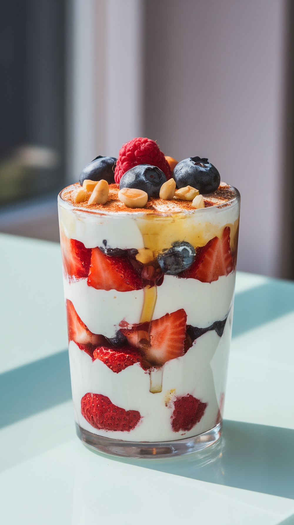 A delicious Greek yogurt parfait with layers of yogurt, fresh berries, honey, and nuts.