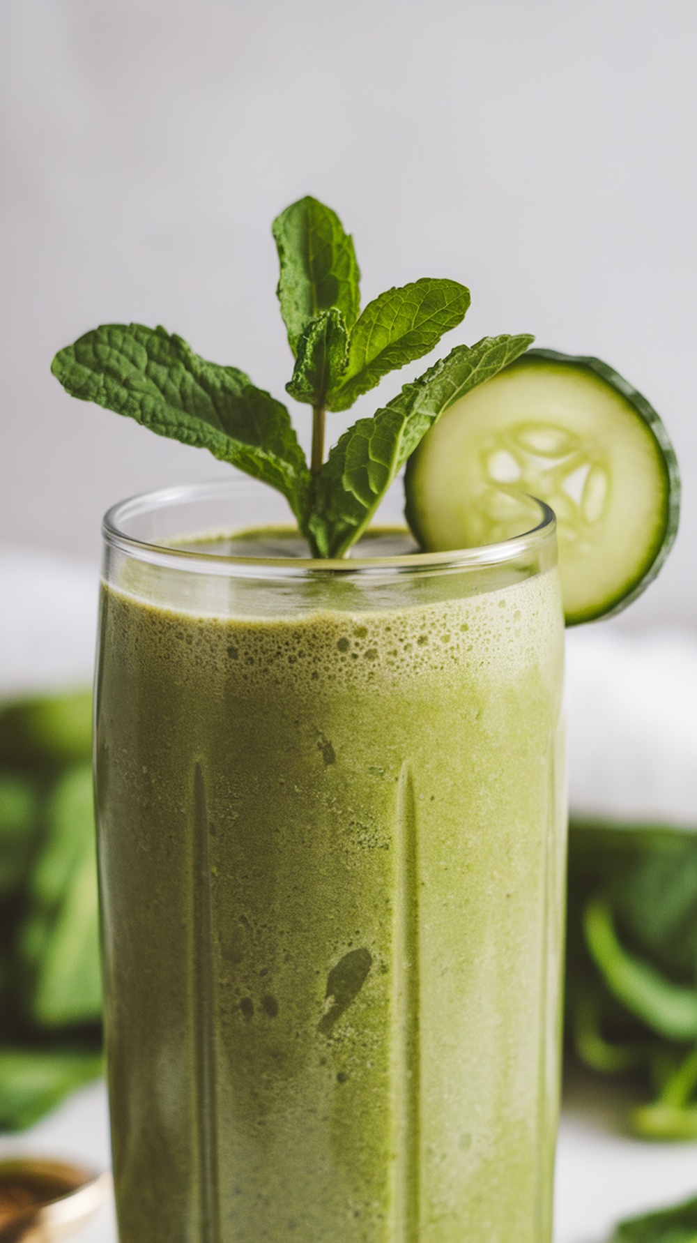 A refreshing green smoothie in a glass, topped with mint and cucumber.