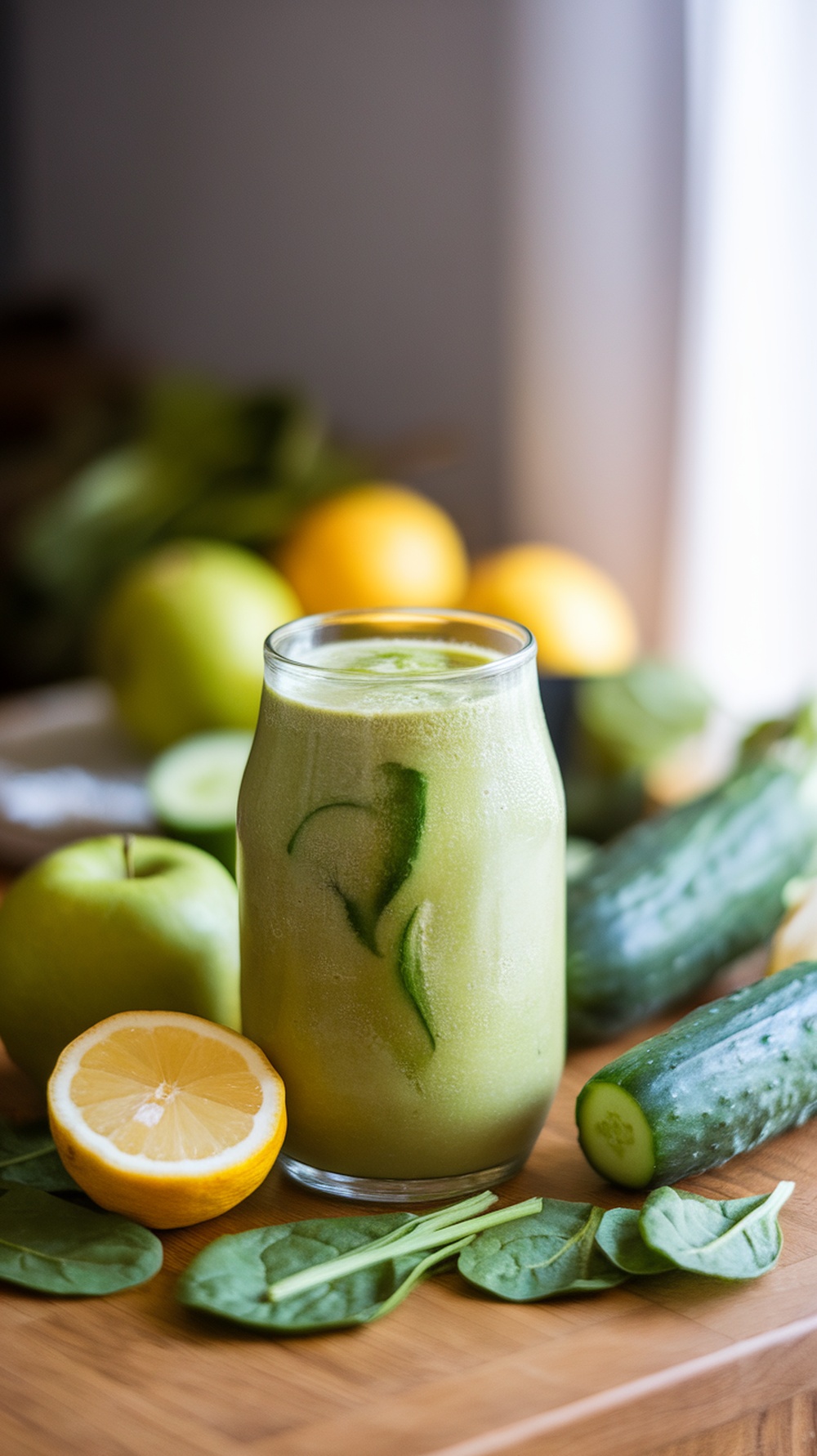 A refreshing green detox smoothie with spinach, cucumber, and lemon, served in a glass.