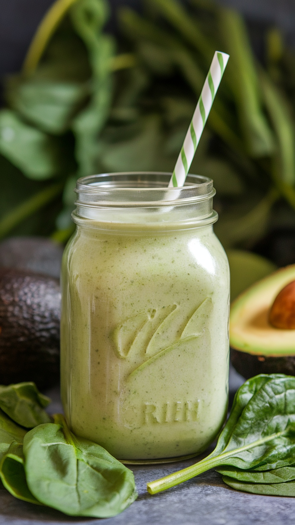 A green smoothie in a jar with a straw, surrounded by spinach and avocado.