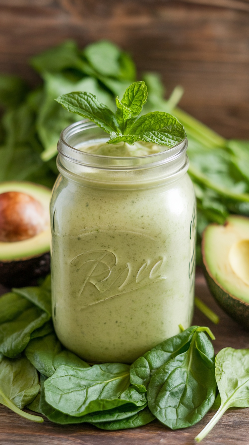 A green smoothie made with spinach and avocado, served in a mason jar with a mint leaf on top.