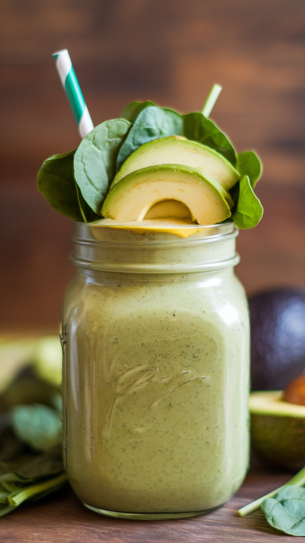 A green smoothie in a jar topped with spinach and avocado slices