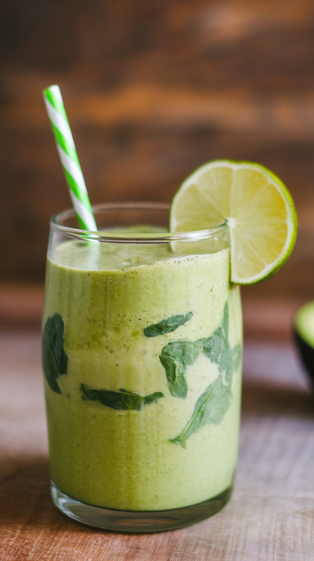 A refreshing green spinach avocado smoothie in a glass with a lime slice and a striped straw.