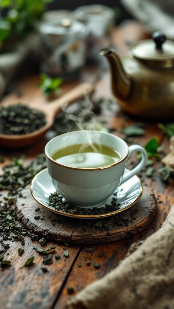 A cup of steaming green tea placed on a wooden surface with loose tea leaves scattered around.