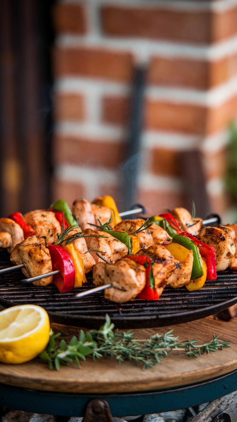 Grilled chicken skewers with colorful bell peppers on a grill, garnished with lemon and herbs.