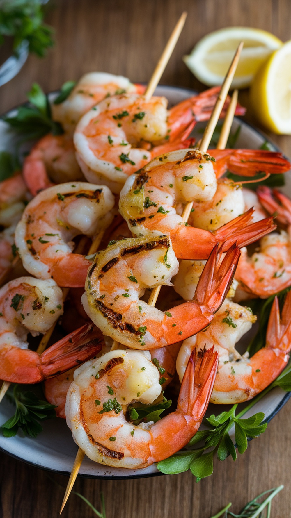 Grilled shrimp skewers with garlic and lemon on a plate, garnished with parsley and lemon slices.