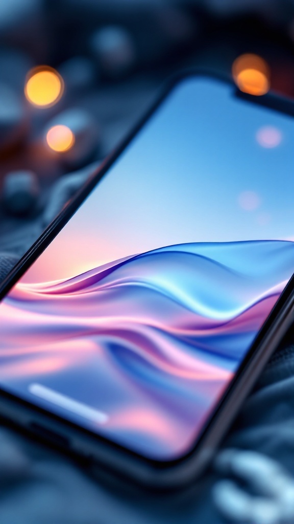 A close-up of a smartphone displaying calming waves, set against a soft background with warm lights.
