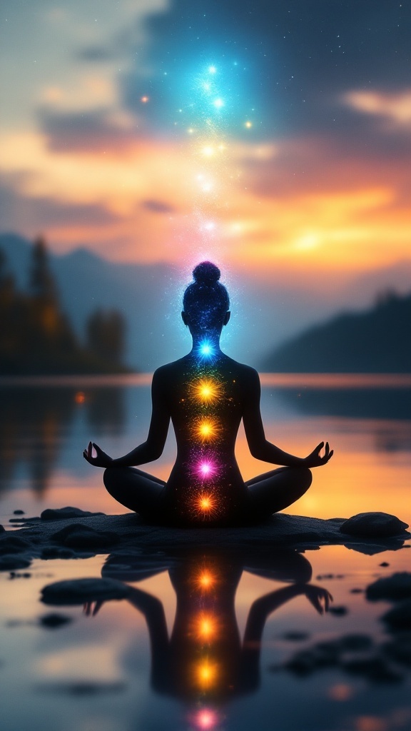 A meditating figure by a lake at sunset, with colorful chakra energy glowing from the back.
