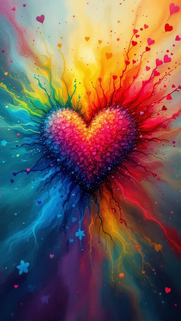 A colorful heart with vibrant swirls and small hearts radiating from it, symbolizing positive emotions.