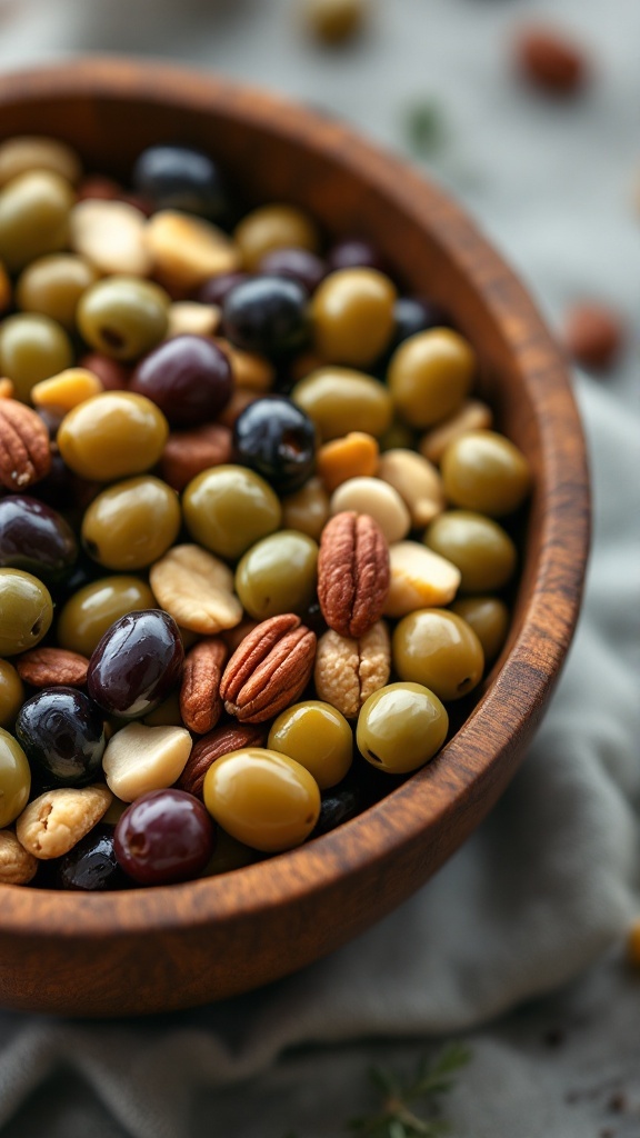 A wooden bowl filled with a mix of green and black olives and various nuts.