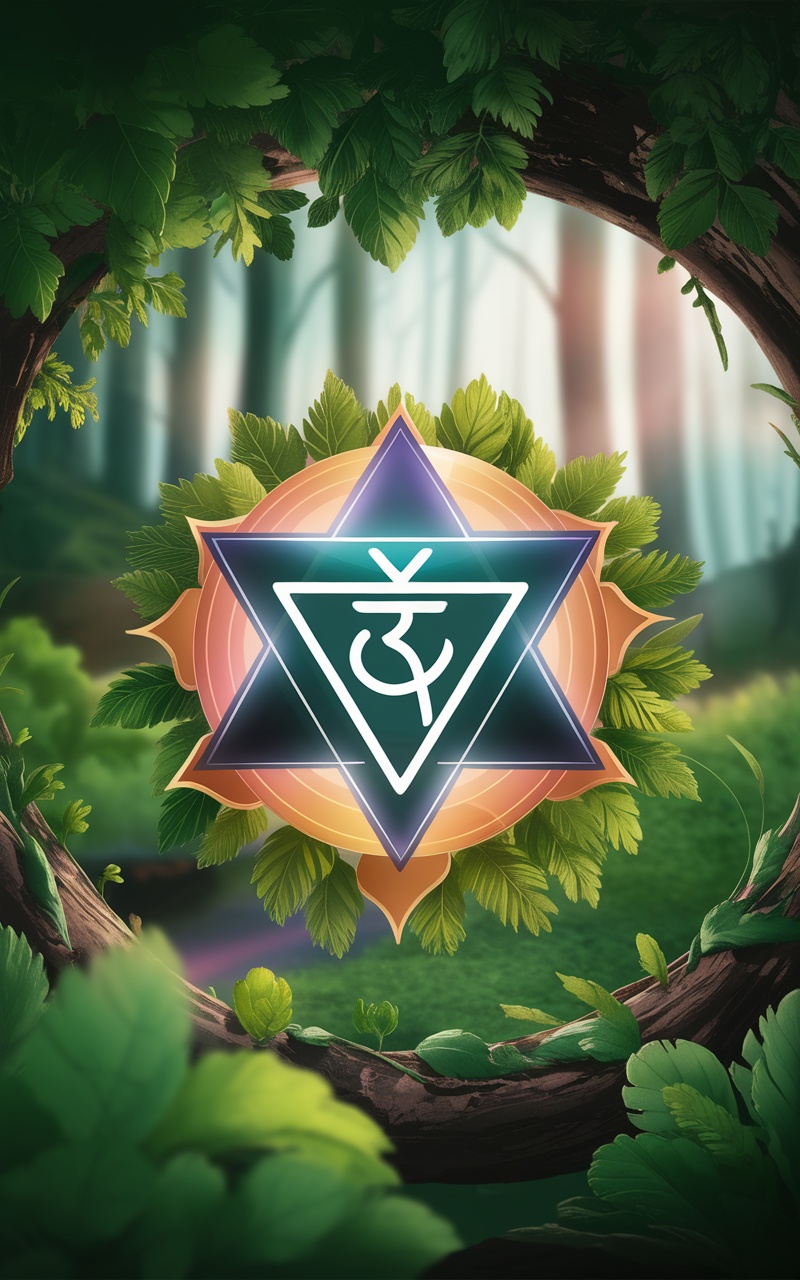 An illustration of the Heart Chakra symbol, surrounded by greenery in a serene forest setting.