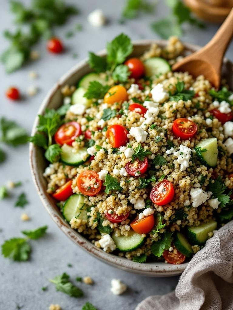 A vibrant bowl of herb-infused quinoa salad with feta, cherry tomatoes, and cucumber.