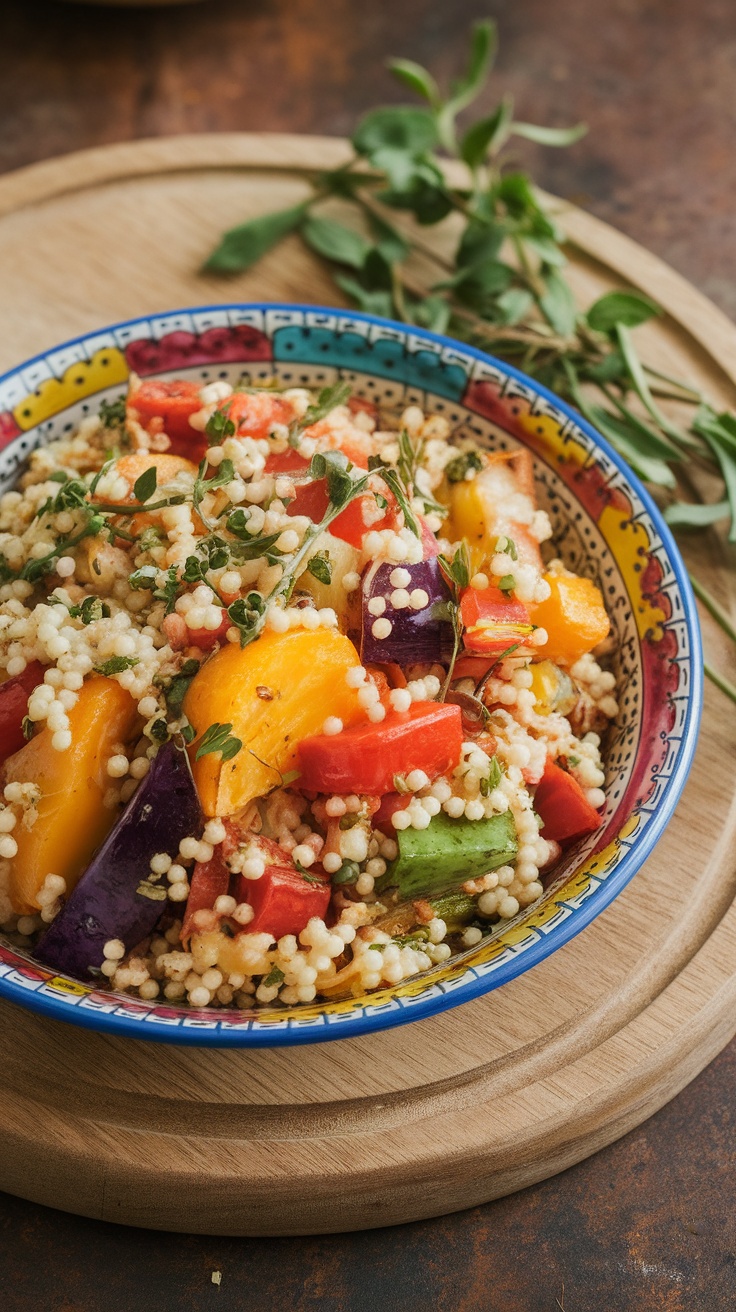 A bowl of herbed couscous with roasted vegetables, featuring colorful bell peppers and zucchini.