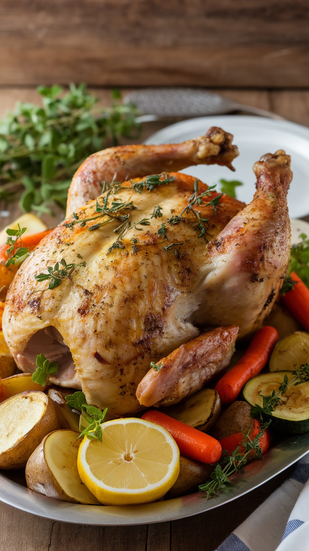 A beautifully roasted chicken garnished with herbs and lemon, surrounded by colorful vegetables.