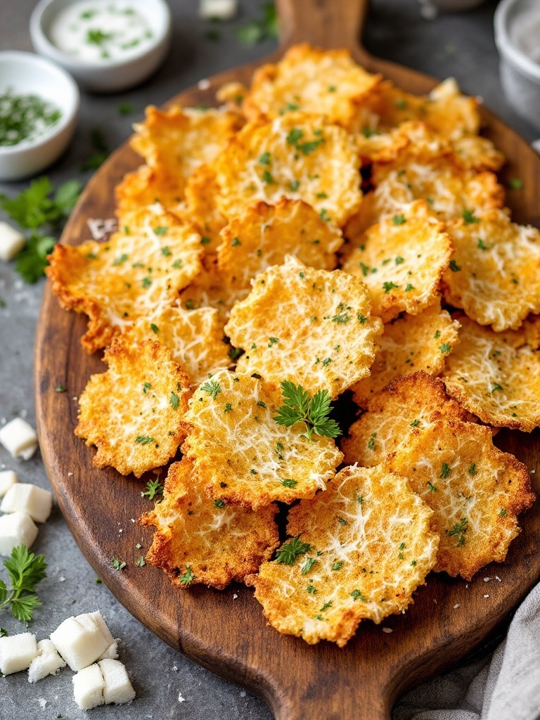 A platter of crispy herbed Parmesan crisps garnished with parsley.