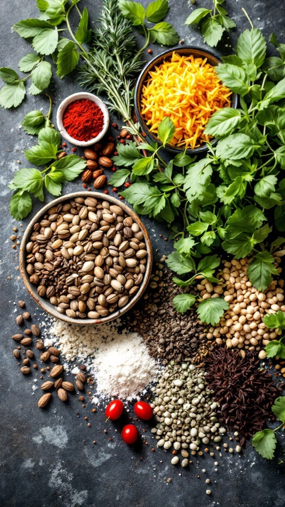 An assortment of herbs and spices including coriander, rosemary, and saffron, arranged beautifully on a dark surface.