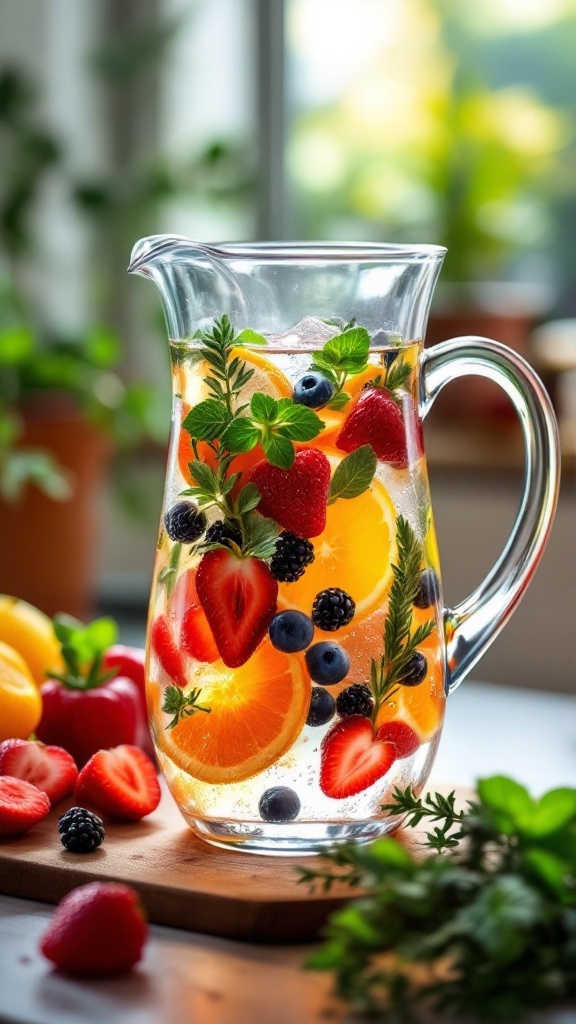 A pitcher filled with infused water, featuring strawberries, oranges, and blueberries, with fresh herbs.