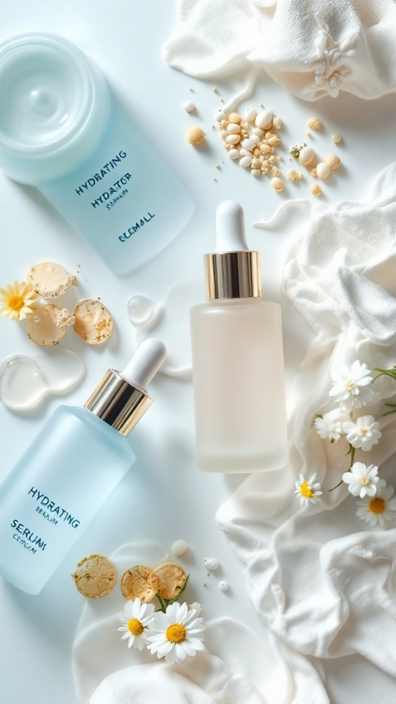 An assortment of hydrating skincare products including cream and serum, surrounded by flowers and soft fabric.