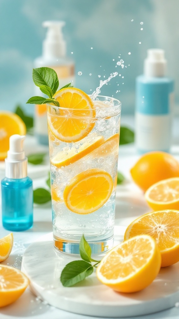 A refreshing glass of lemon-infused sparkling water surrounded by skincare products and fresh lemons.