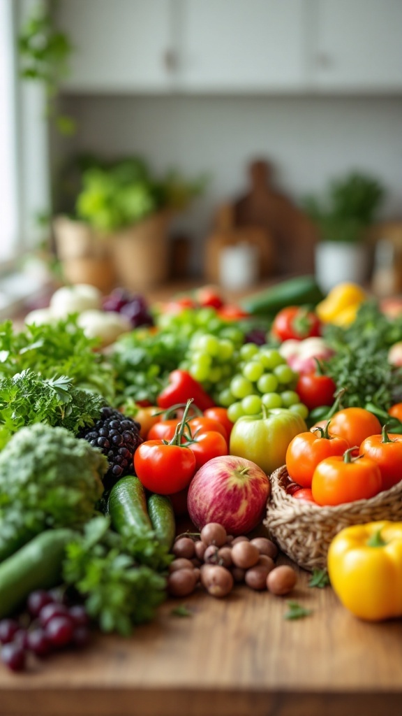 A vibrant assortment of fresh fruits and vegetables on a wooden table, symbolizing the importance of a balanced diet for skin health.