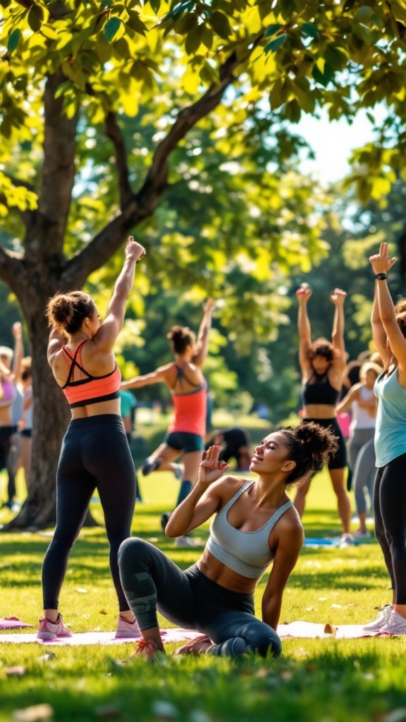A group of people participating in an outdoor exercise class in a park.