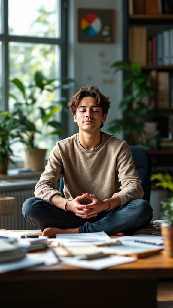 A person sitting cross-legged in meditation, surrounded by a serene environment with plants and natural light.