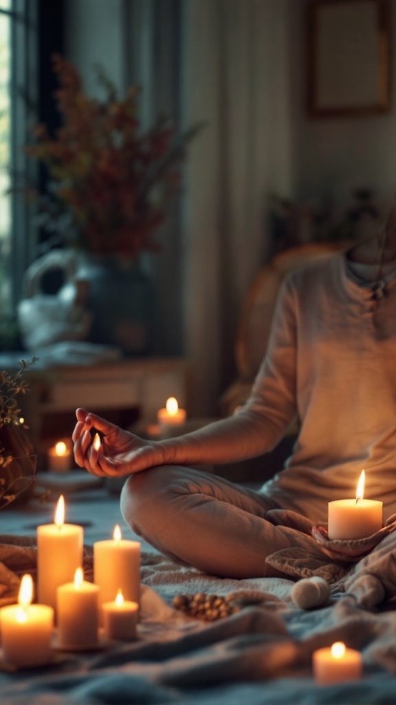 A person meditating surrounded by candles in a calming indoor setting