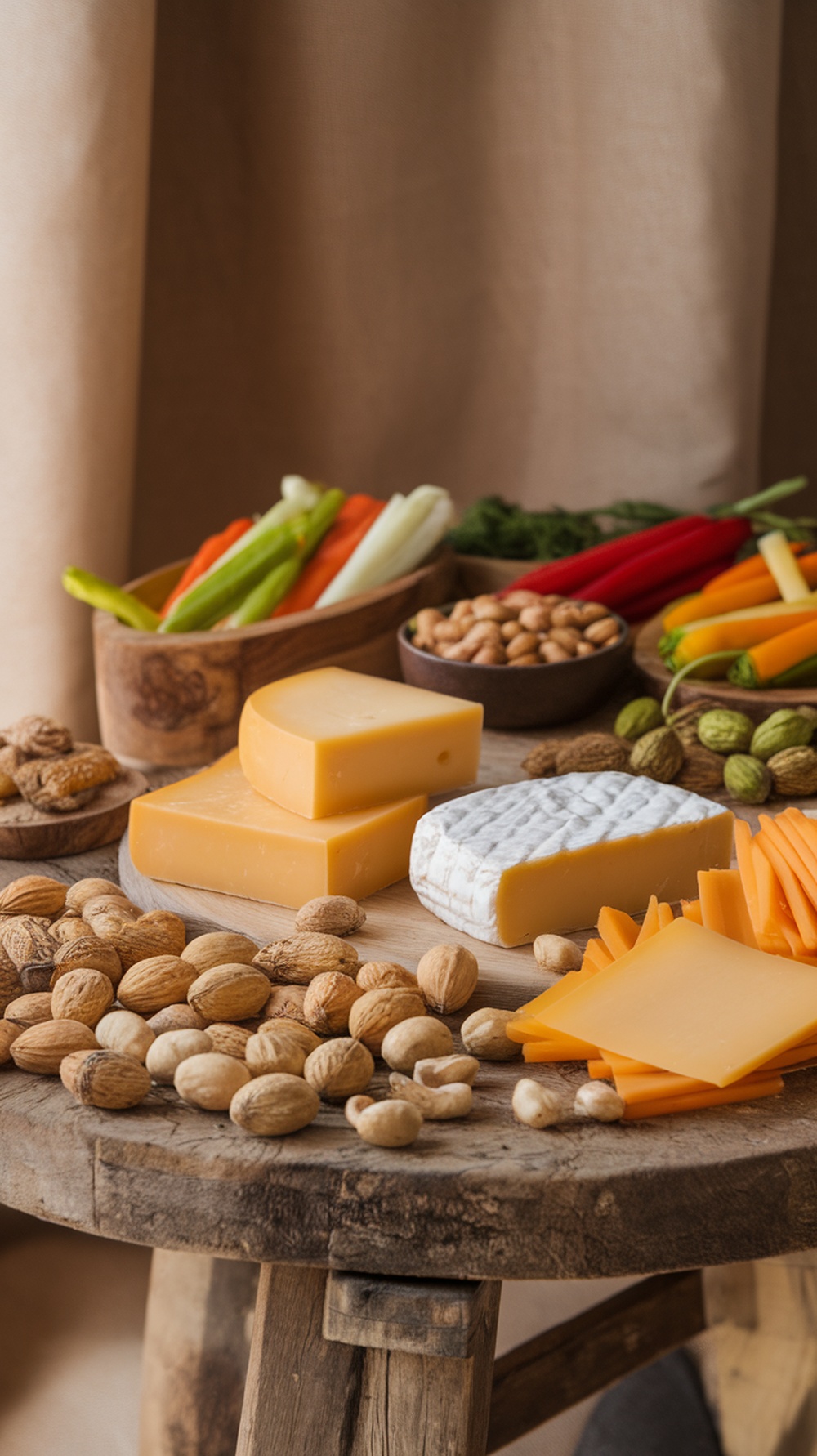 A variety of keto-friendly snacks including cheese, nuts, and fresh vegetables on a wooden table.