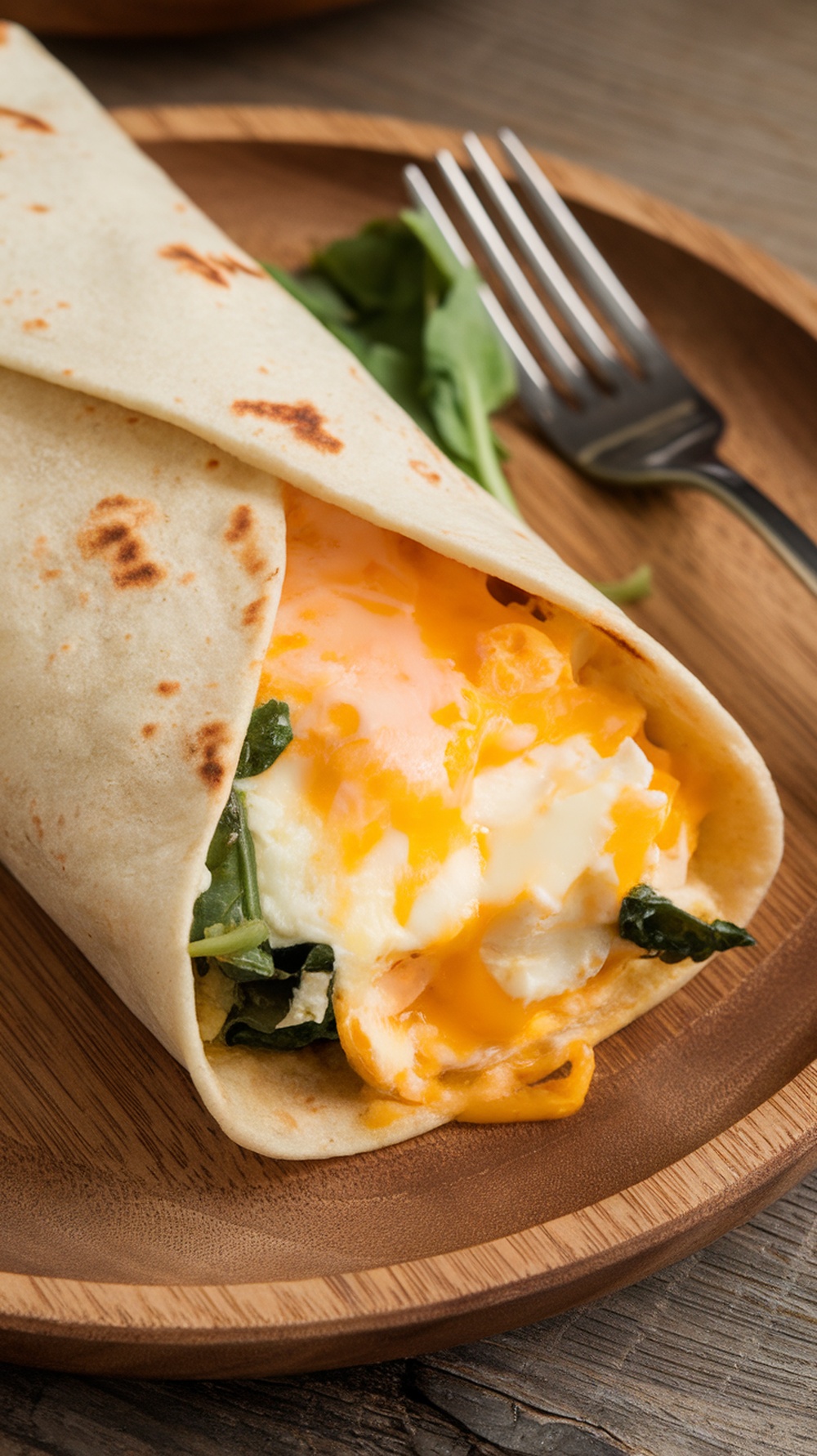 Keto breakfast burrito with cheese and greens on a wooden plate