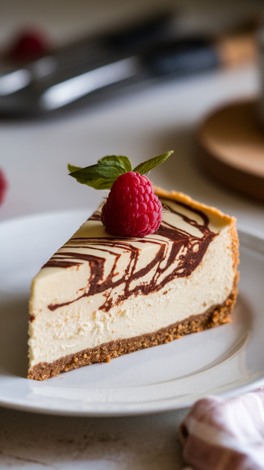 Slice of keto cheesecake with almond crust topped with a raspberry and chocolate drizzle