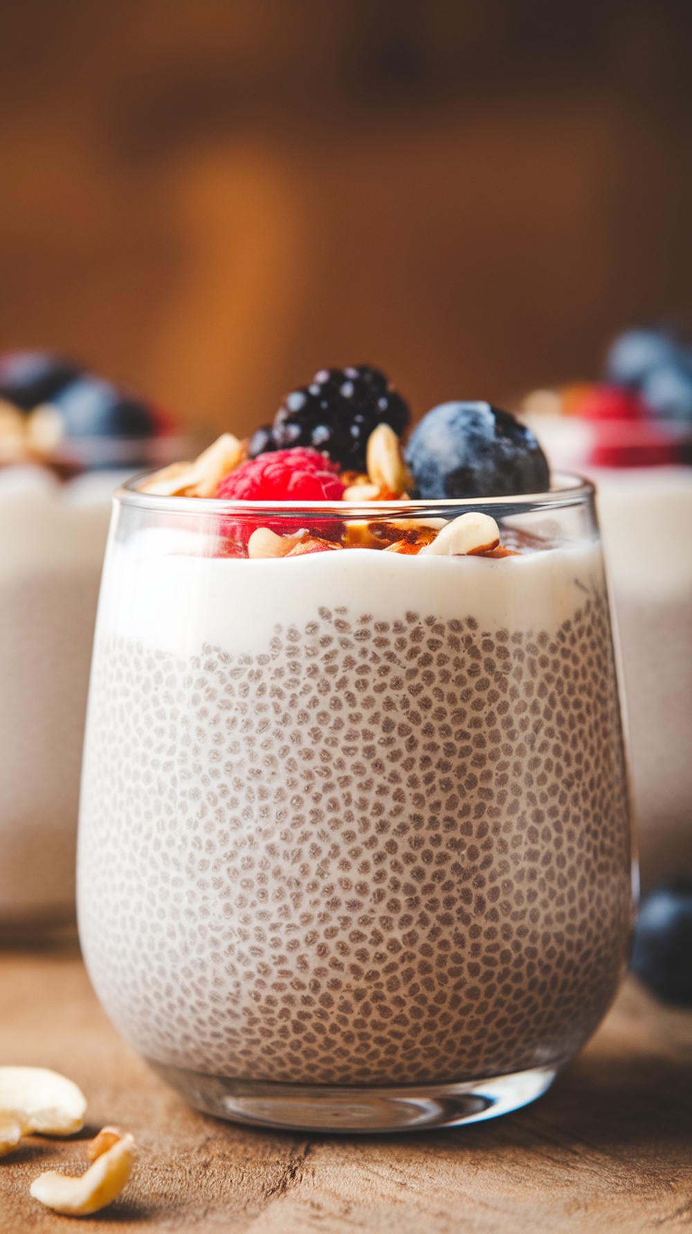 A glass of keto chia seed pudding topped with fresh berries and nuts.