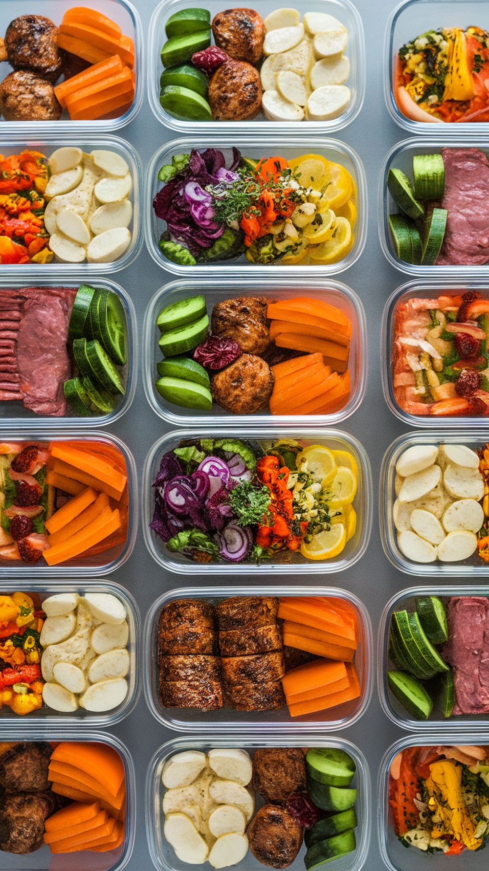 Colorful meal prep containers filled with keto-friendly foods like meat, vegetables, and healthy fats.