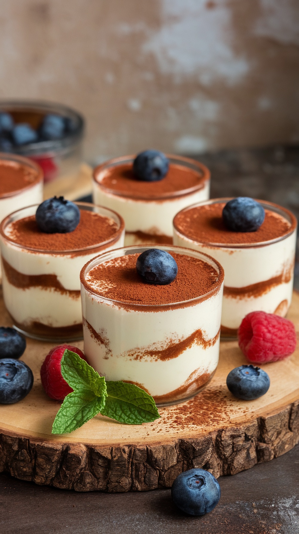 Delicious keto tiramisu cups topped with blueberries and raspberries on a wooden board.
