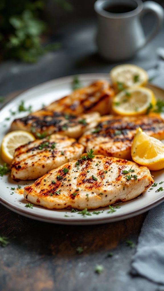 A plate of grilled chicken breasts garnished with lemon and herbs.