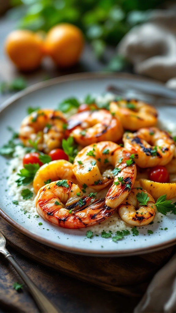 A plate featuring grilled shrimp with cherry tomatoes and fresh herbs, representing lean proteins in a Mediterranean diet.