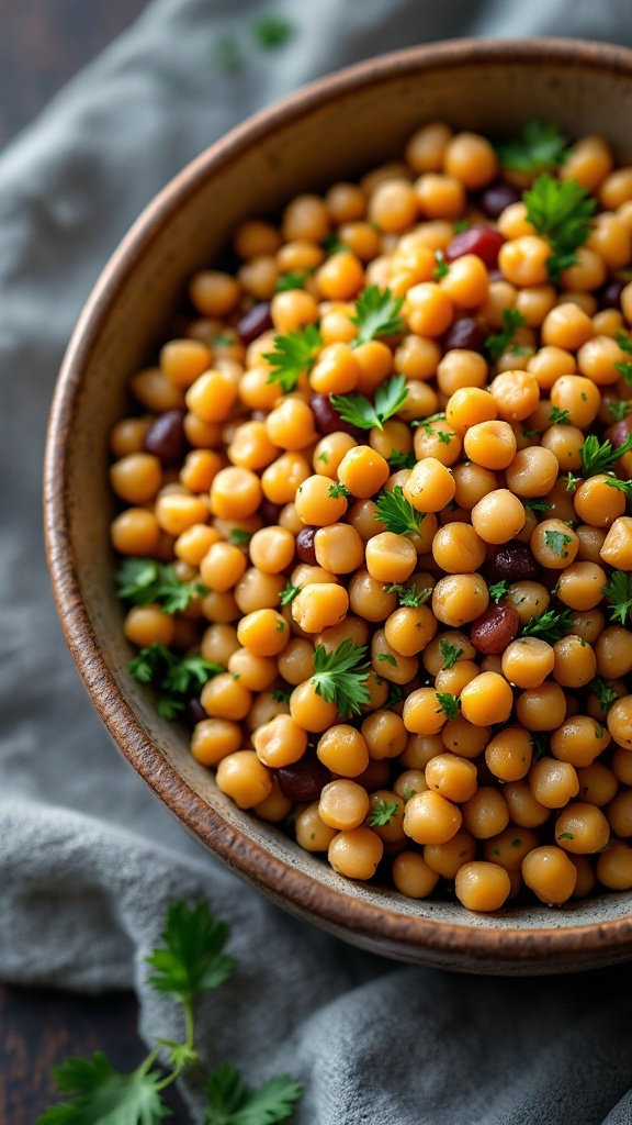 A bowl of cooked chickpeas and red beans garnished with fresh herbs.