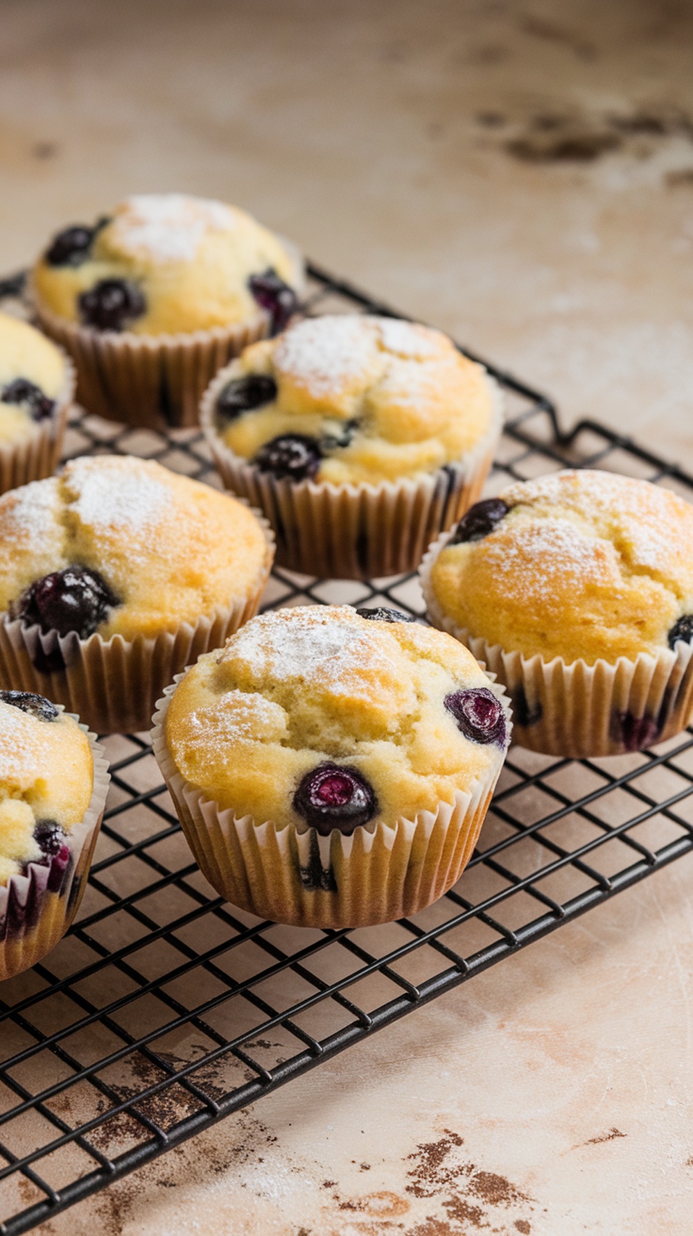 Freshly baked lemon blueberry muffins on a cooling rack