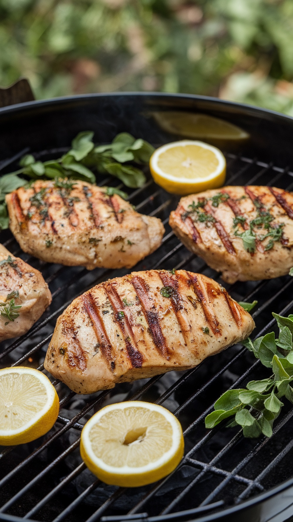 Grilled chicken breasts with lemon slices and herbs on a grill