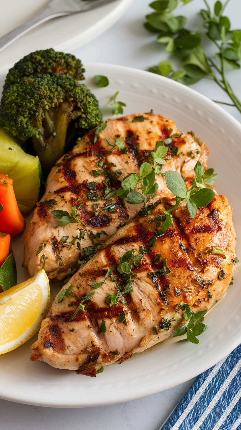 Grilled lemon herb chicken served with broccoli and colorful vegetables
