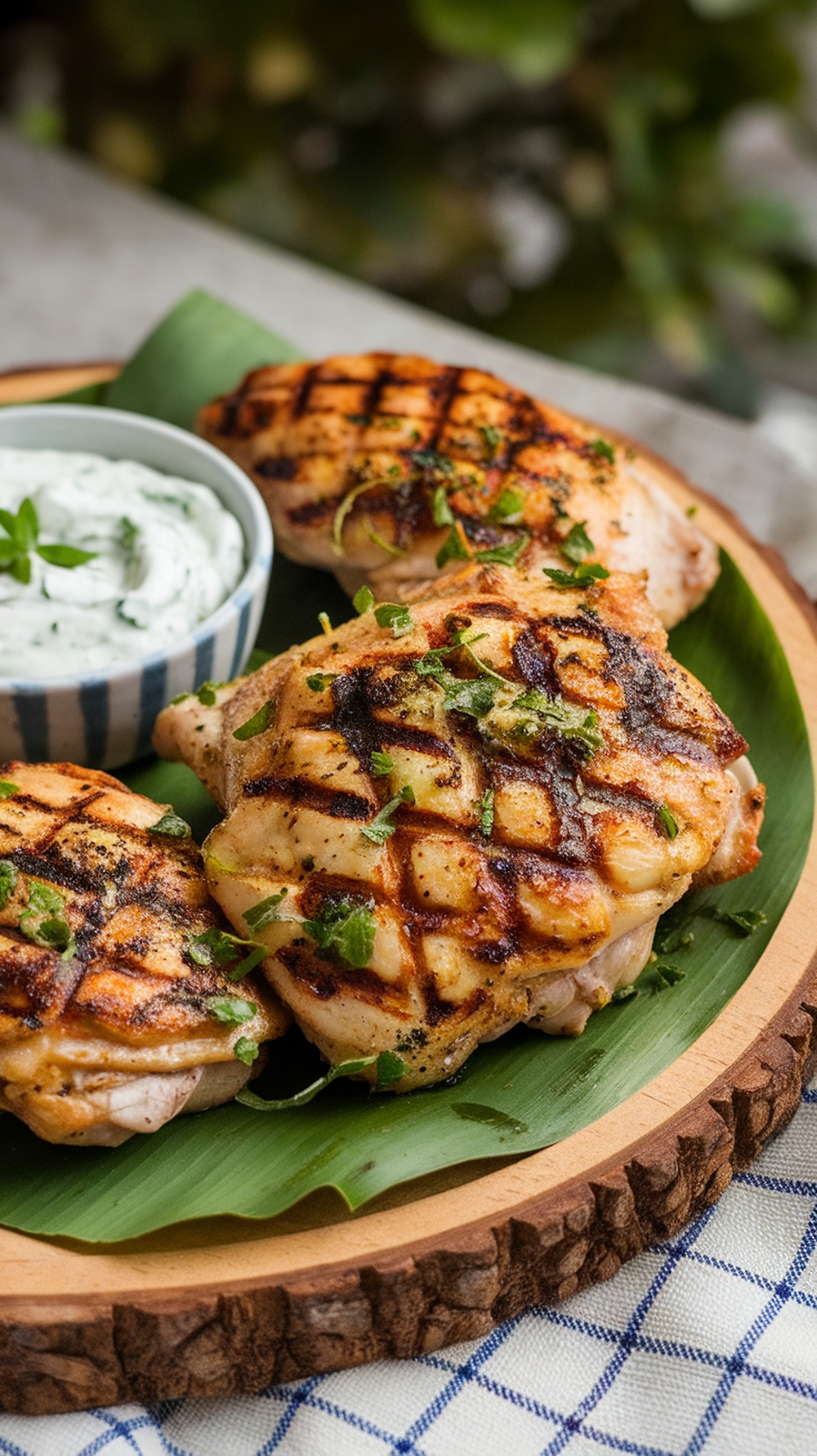 Grilled chicken thighs served with tzatziki sauce on a wooden plate